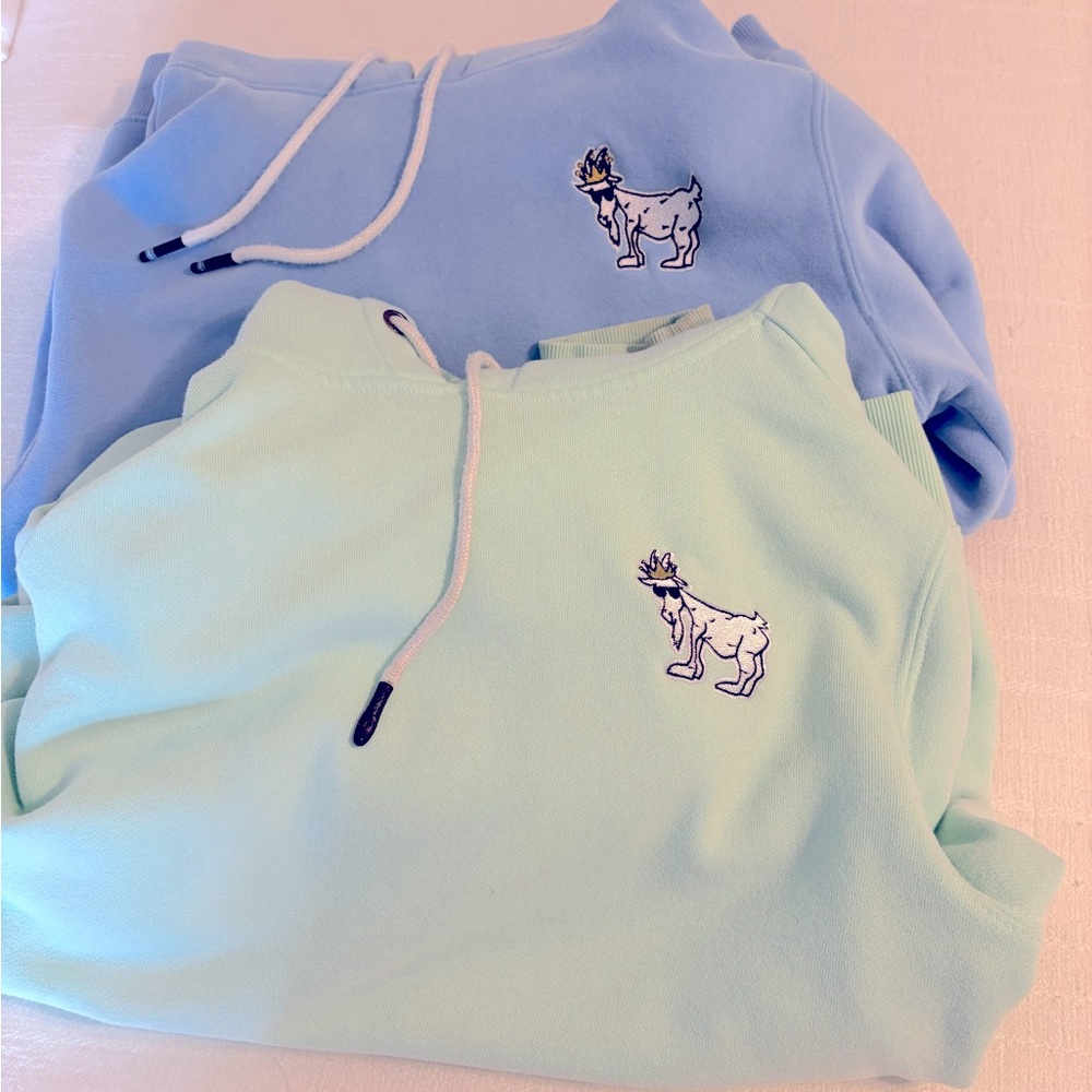 Blue and Mint GOAT USA hoodies